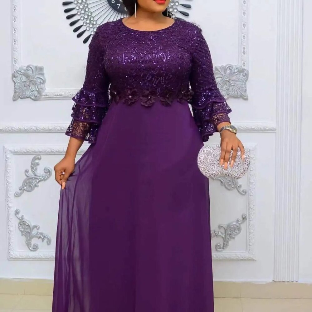 Women Plus Size Lace Chiffon Flare Sleeves Round Neck Maxi Dress, Purple, XL